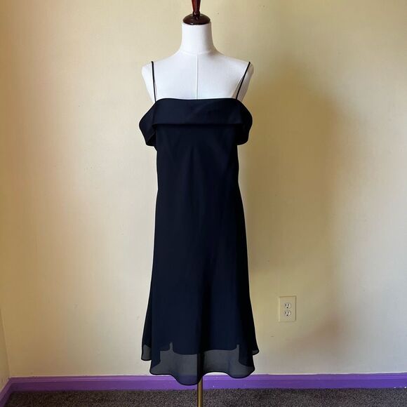 Vintage 90s Niki Livas Black Chiffon Slip Dress Satin Bust LBD L XL Formal - Picture 1 of 8